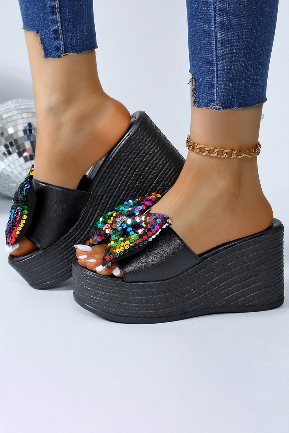 Plus Size Platform Bow Sequin Wedge High-Heeled Sandals
