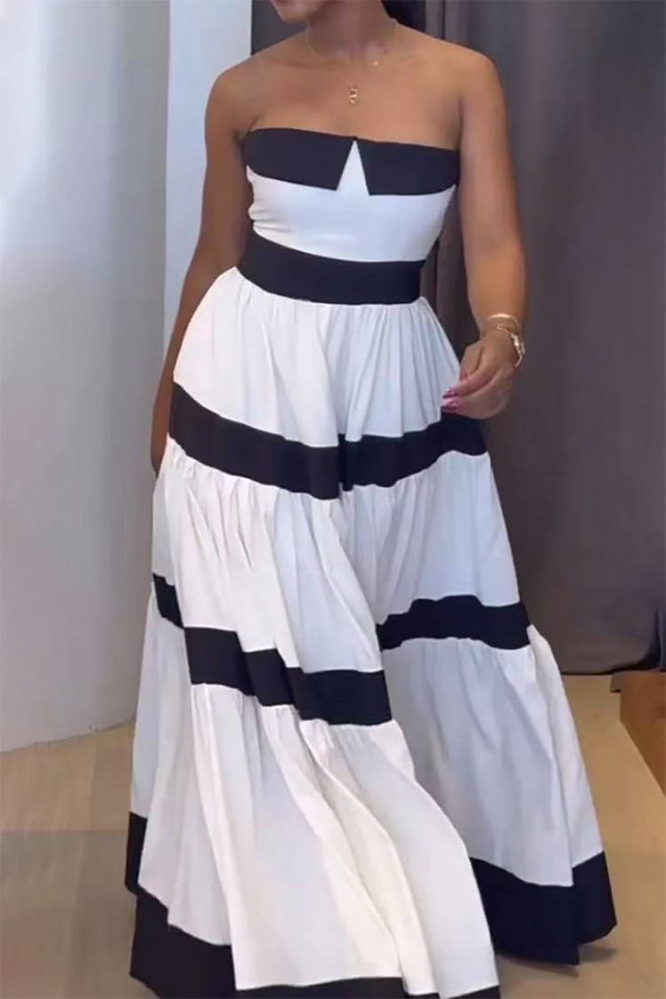 Colorblock Striped Print Strapless Cinch Waist Back Bow Maxi Dresses-White