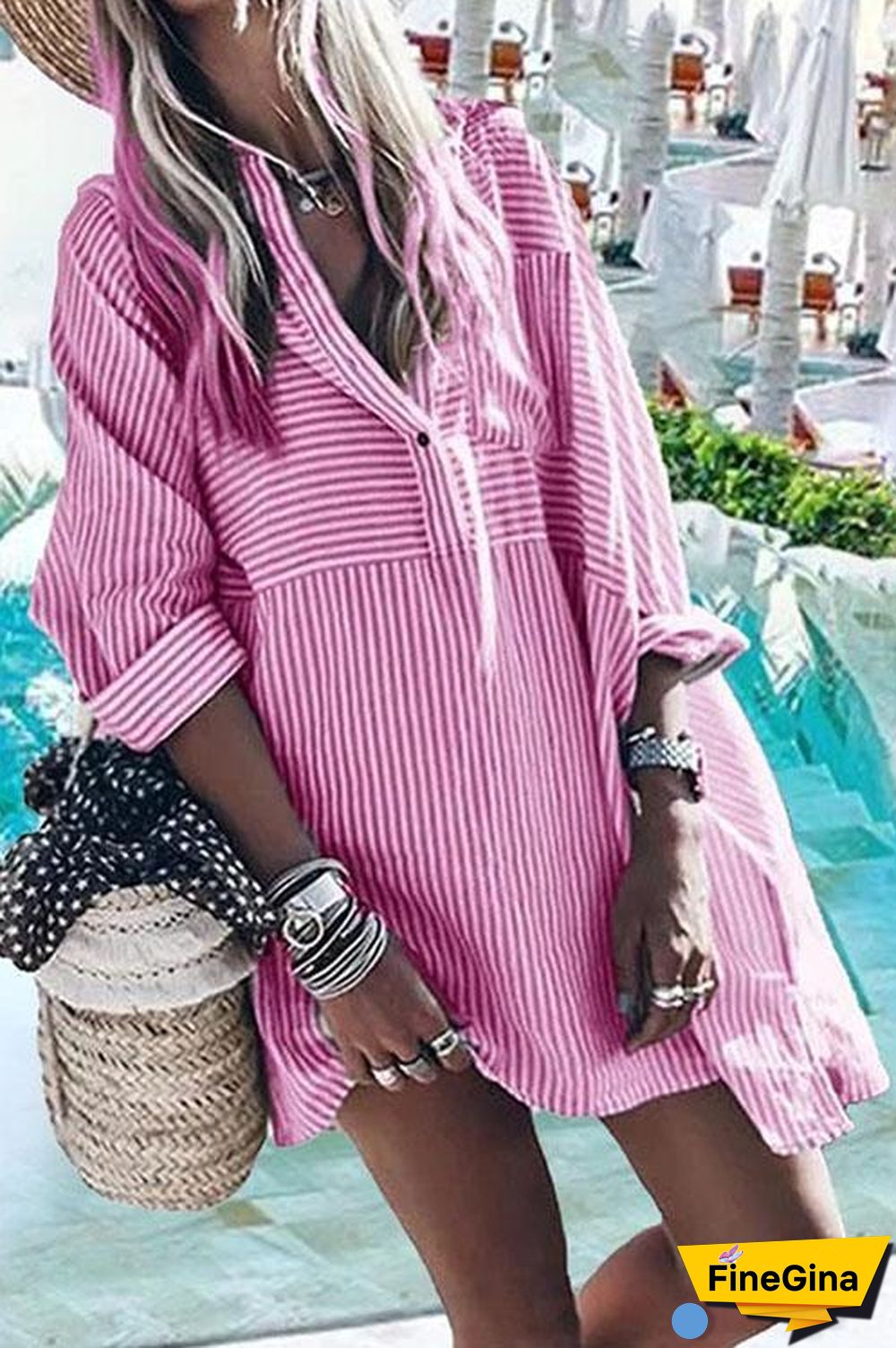 Street Fashion Striped Shirt Dress