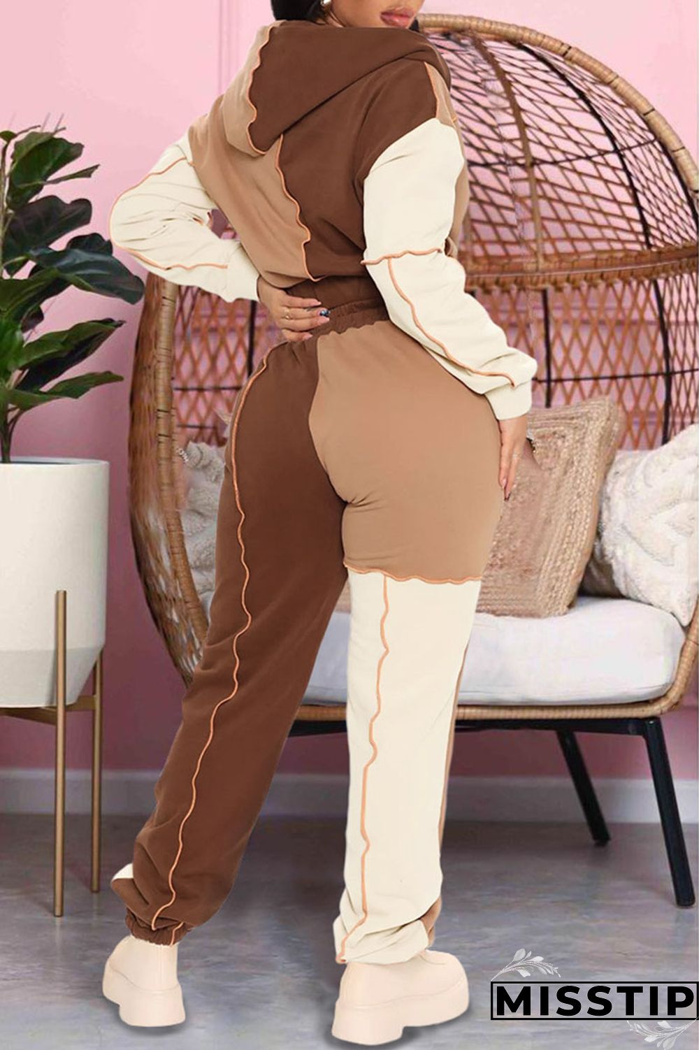 Pink Casual Sportswear Solid Patchwork Zipper Hooded Collar Long Sleeve Two Pieces