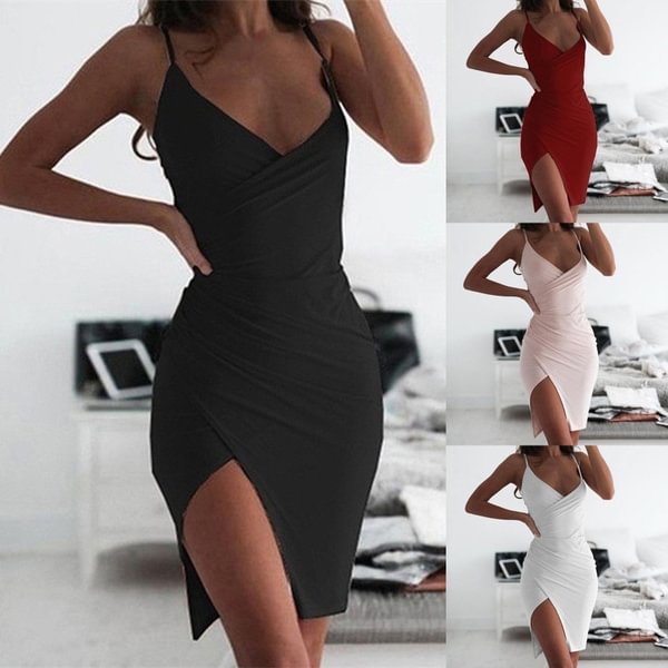 Women Fashion V-neck Sling Irregular Dress Solid Color Mini Summer Dress - Life is Beautiful for You - SheChoic