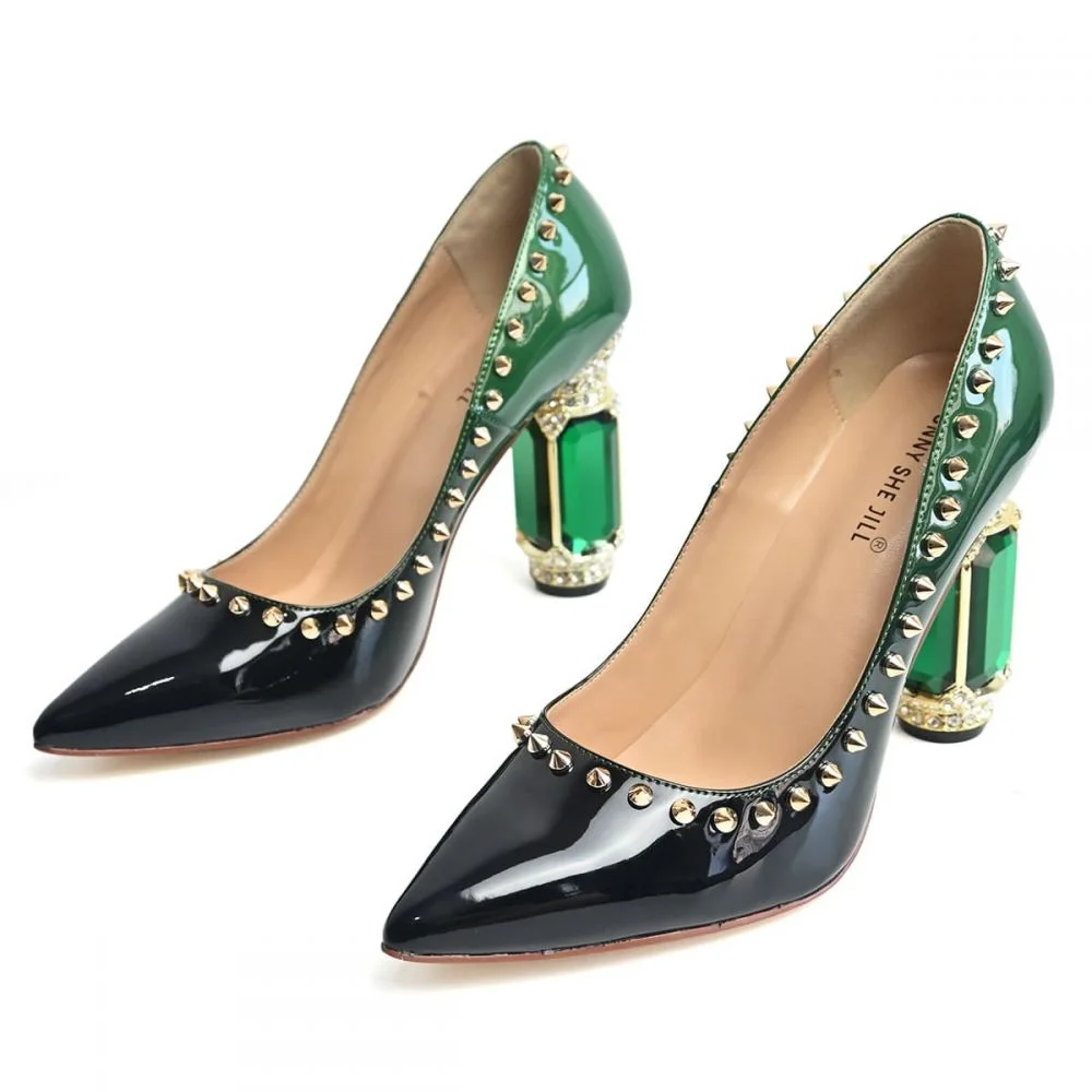 Green Heels Rivets Heels Decorative Heels Female Shoes Nicepairs