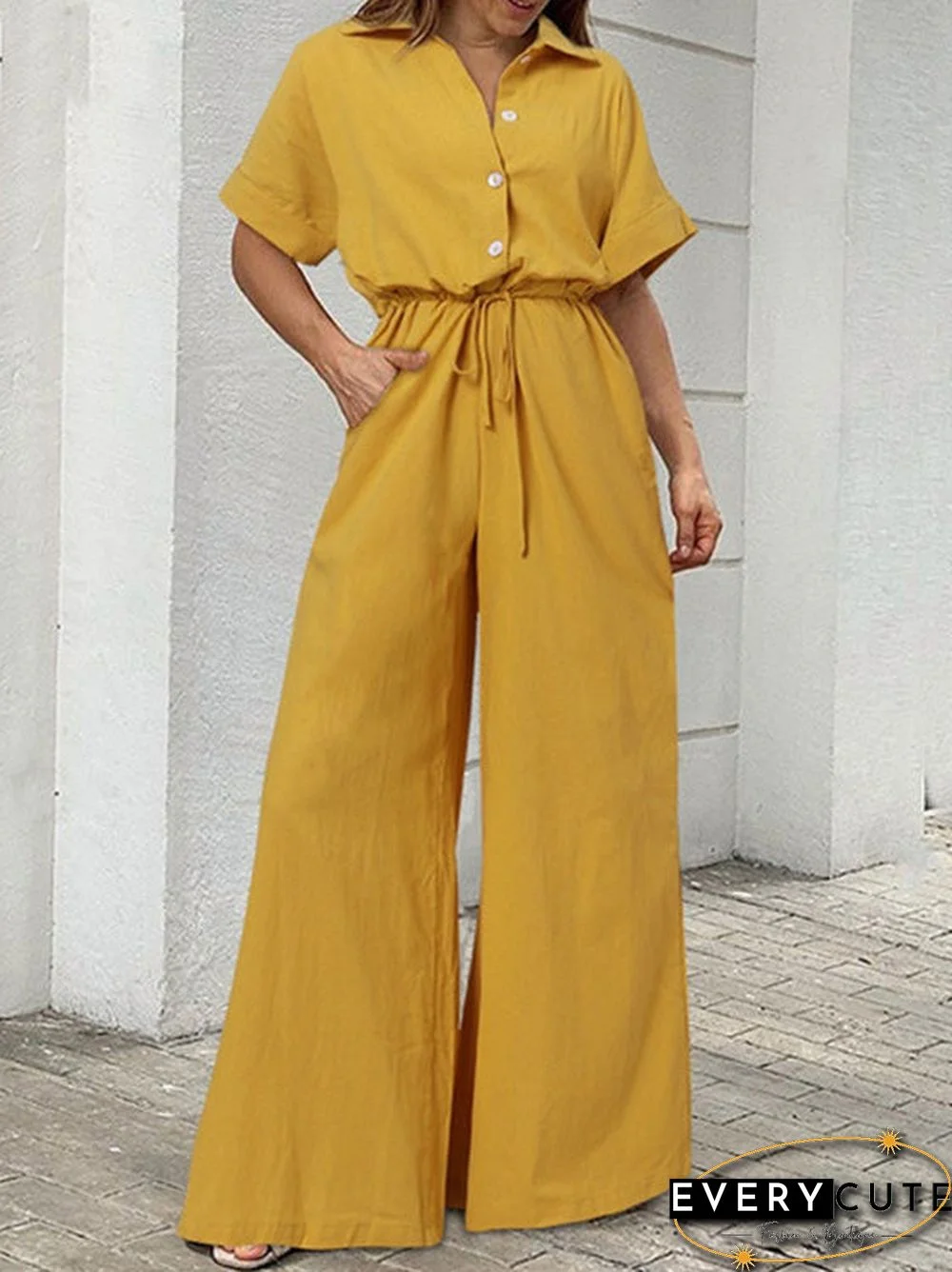 Women'S Jumpsuits Lapel Button Short Sleeve Belted Wide Leg Jumpsuit