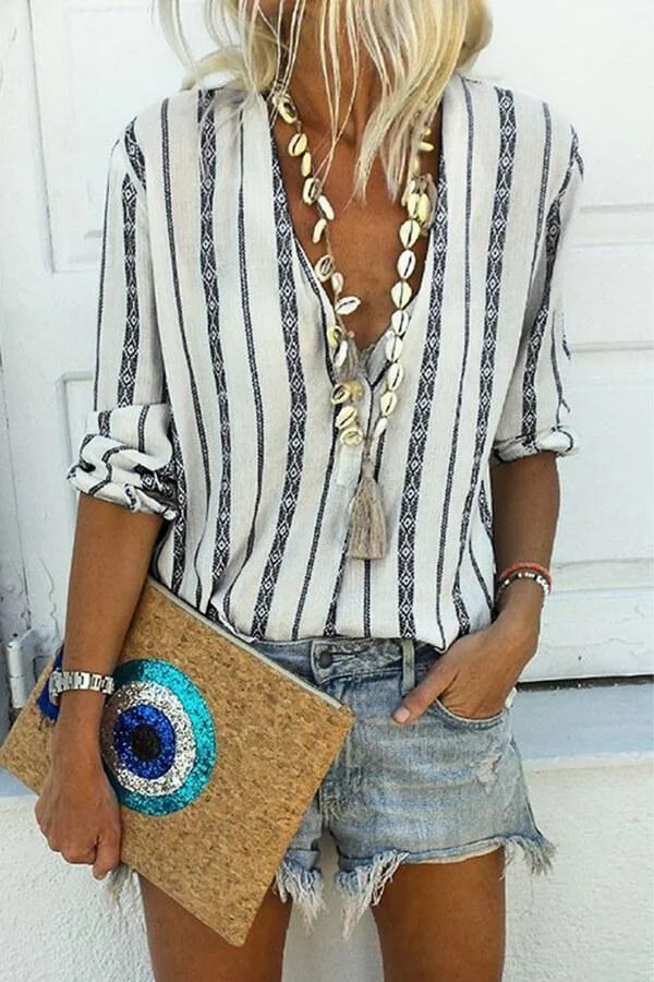 Casual V-Neck Striped Loose Shirt