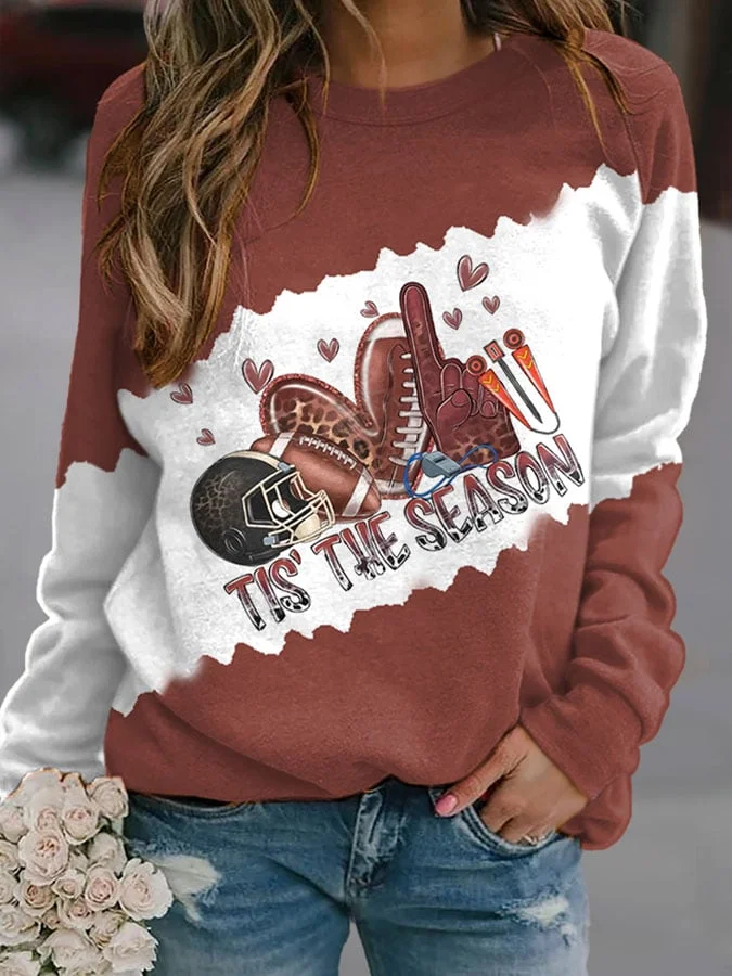 Color Block Retro Leopard Football Tis The Season Print Sweatshirt