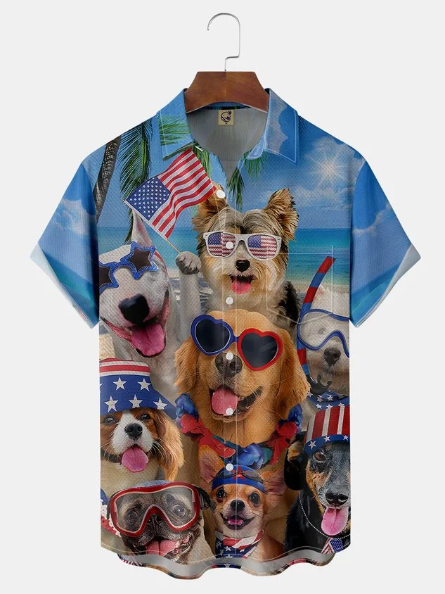 Dog American Flag Chest Pocket Short Sleeve Hawaiian Shirt