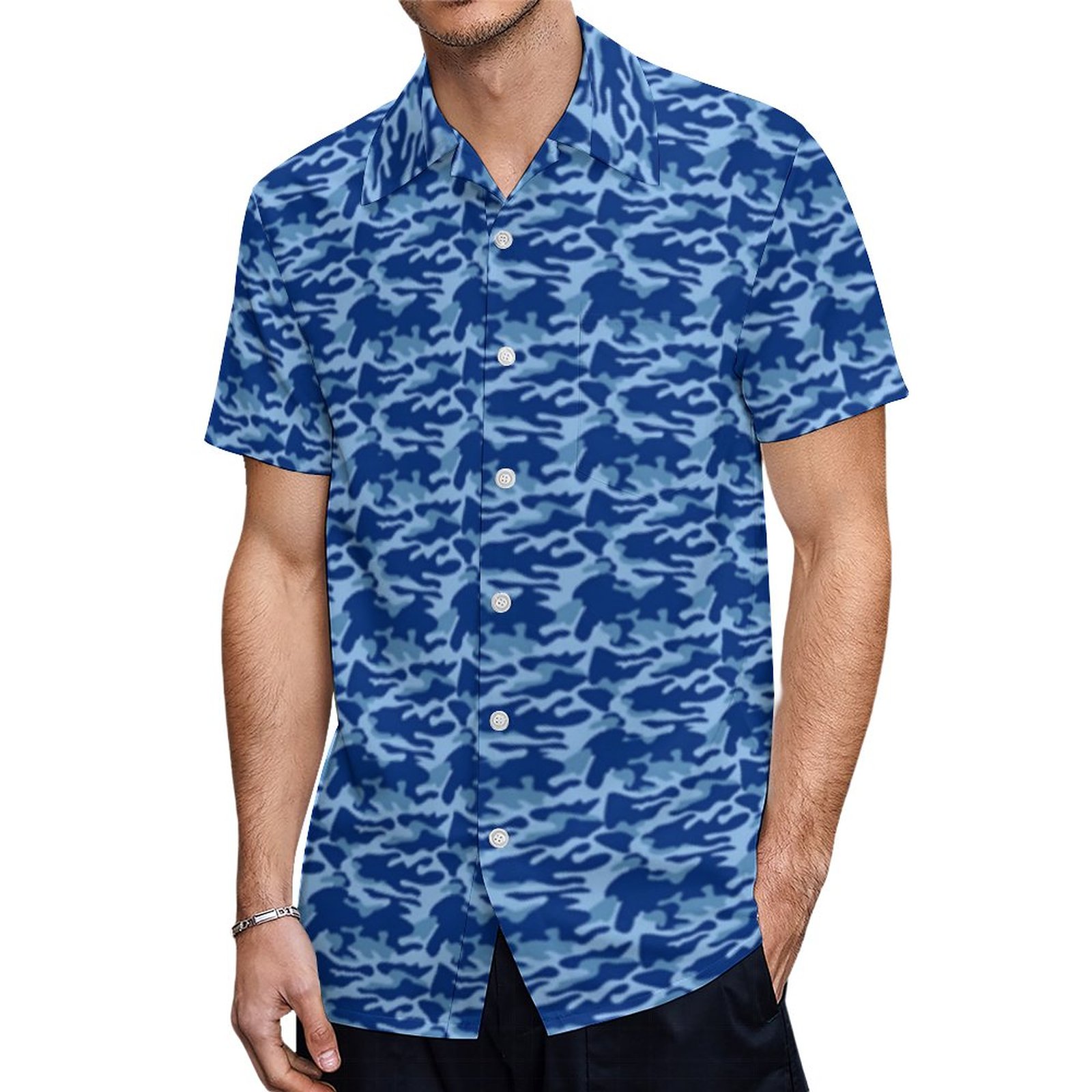 Navy Blue Light Blue Dark Blue Camo Hawaiian Shirt Mens Button Down Plus Size Tropical Hawaii Beach Shirts