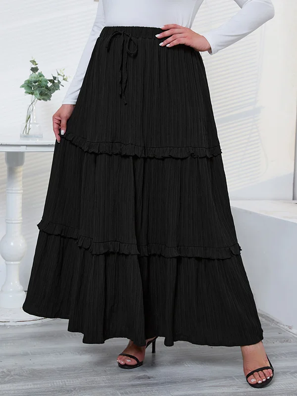 Drawstring Elasticity Ruffled Solid Color Tied High Waisted Loose Skirts Bottoms