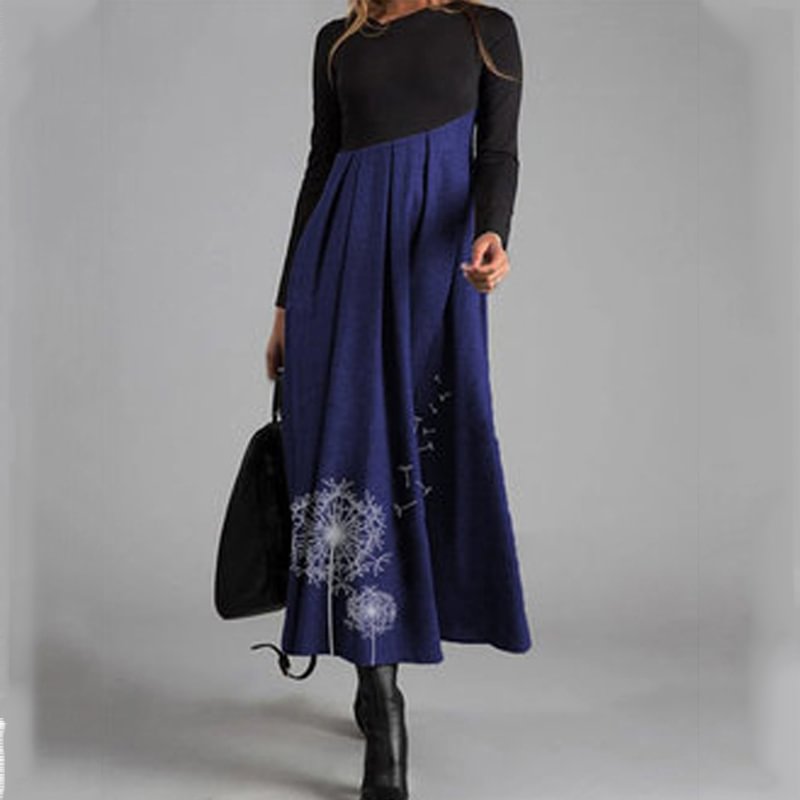 Printed V-neck Long Sleeve Patchwork Dress
