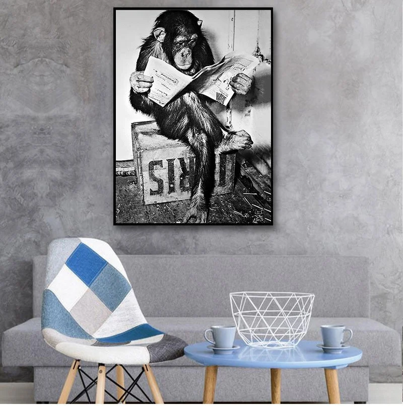 Funny Monkey Business Poster and Print On The Wall Reading Newspaper Painting Washroom Restroom Decor Black White Art Picture