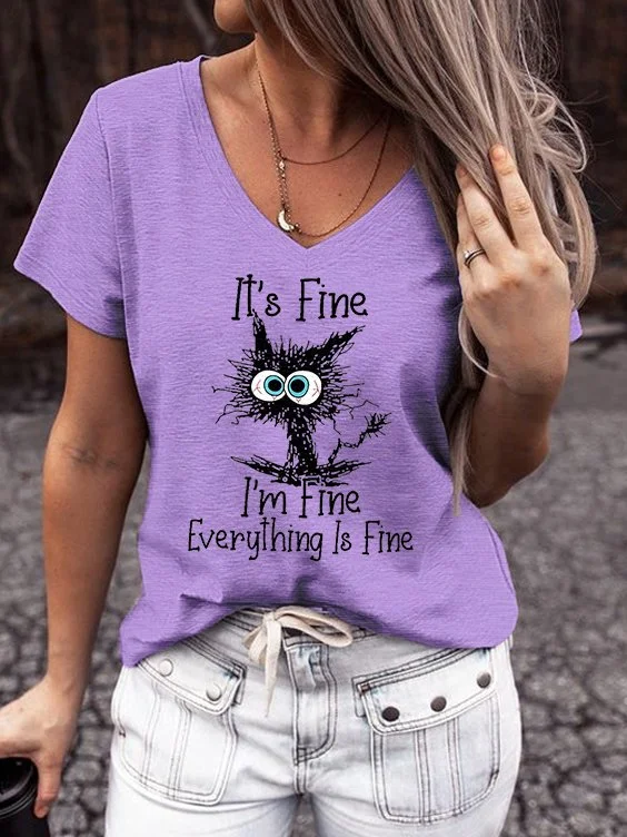 Women's IT'S FINE Printed V-Neck Loosen Casual Short Sleeve T-Shirt
