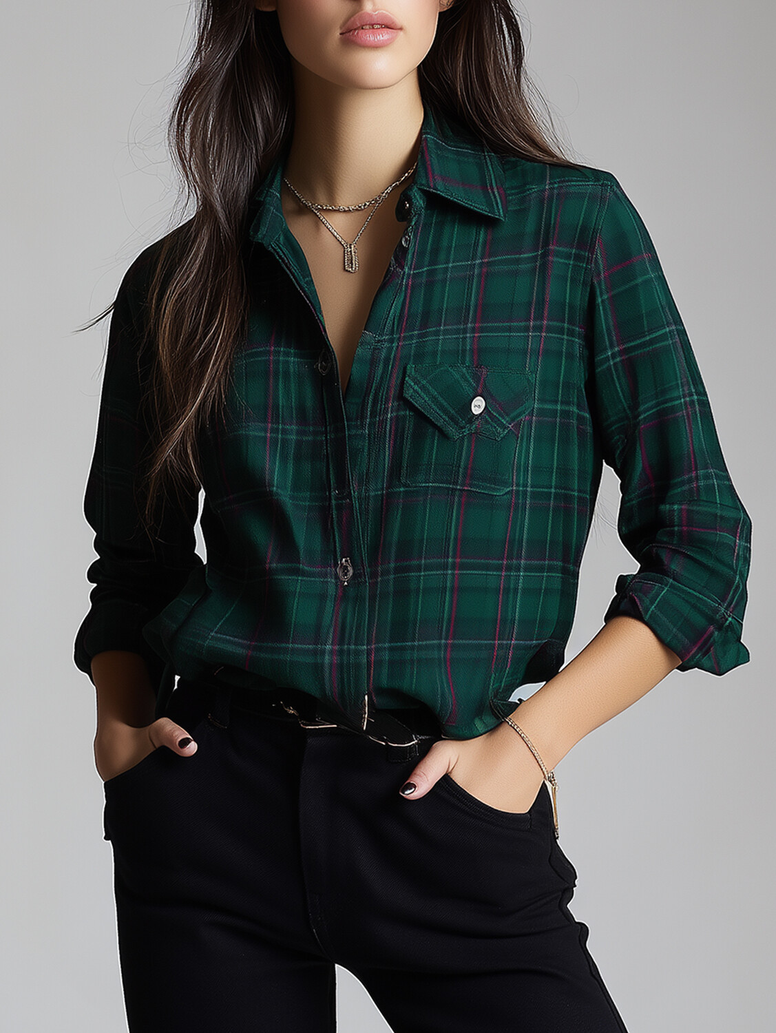 Ursime Chest Pocket Button Long Sleeve Plaid Blouse