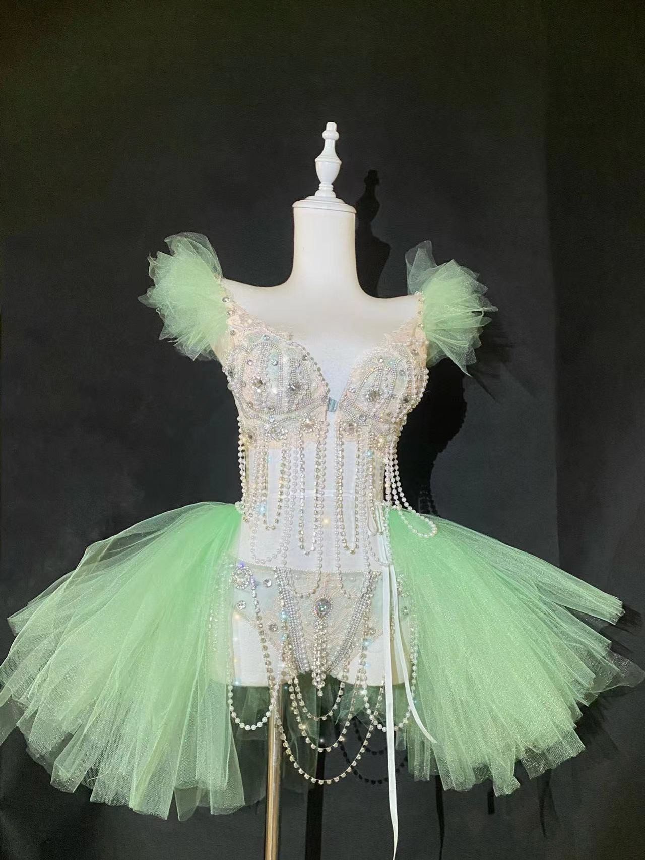 Pole Dance Rhinestones Bikini Tutu Mesh Skirt Outfit Music Festival Party Rave Show Nightclub DJ Performance Stage Costume
