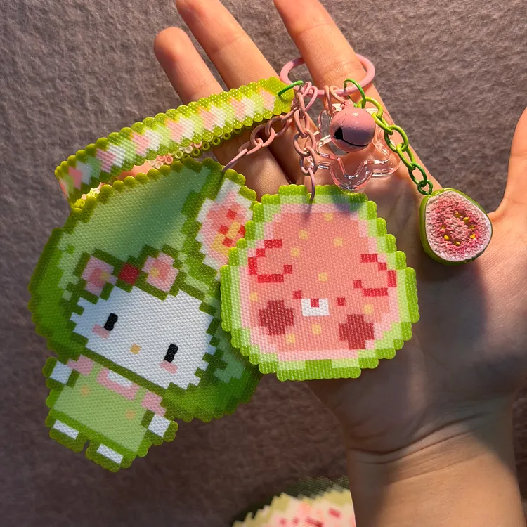 Handmade Guava Kitty & Guava Puppy Bead Art Keychain with Realistic Guava Resin Charm