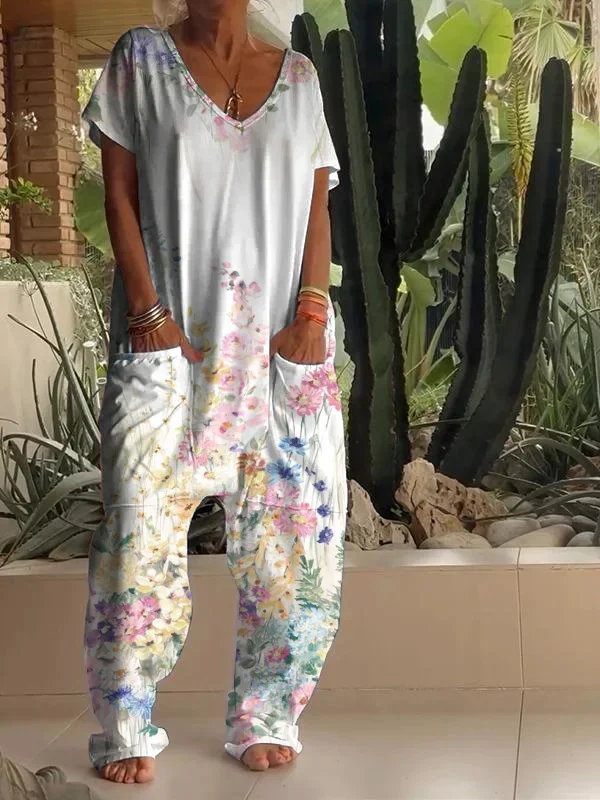 Casual Floral Print V-neck Jumpsuit