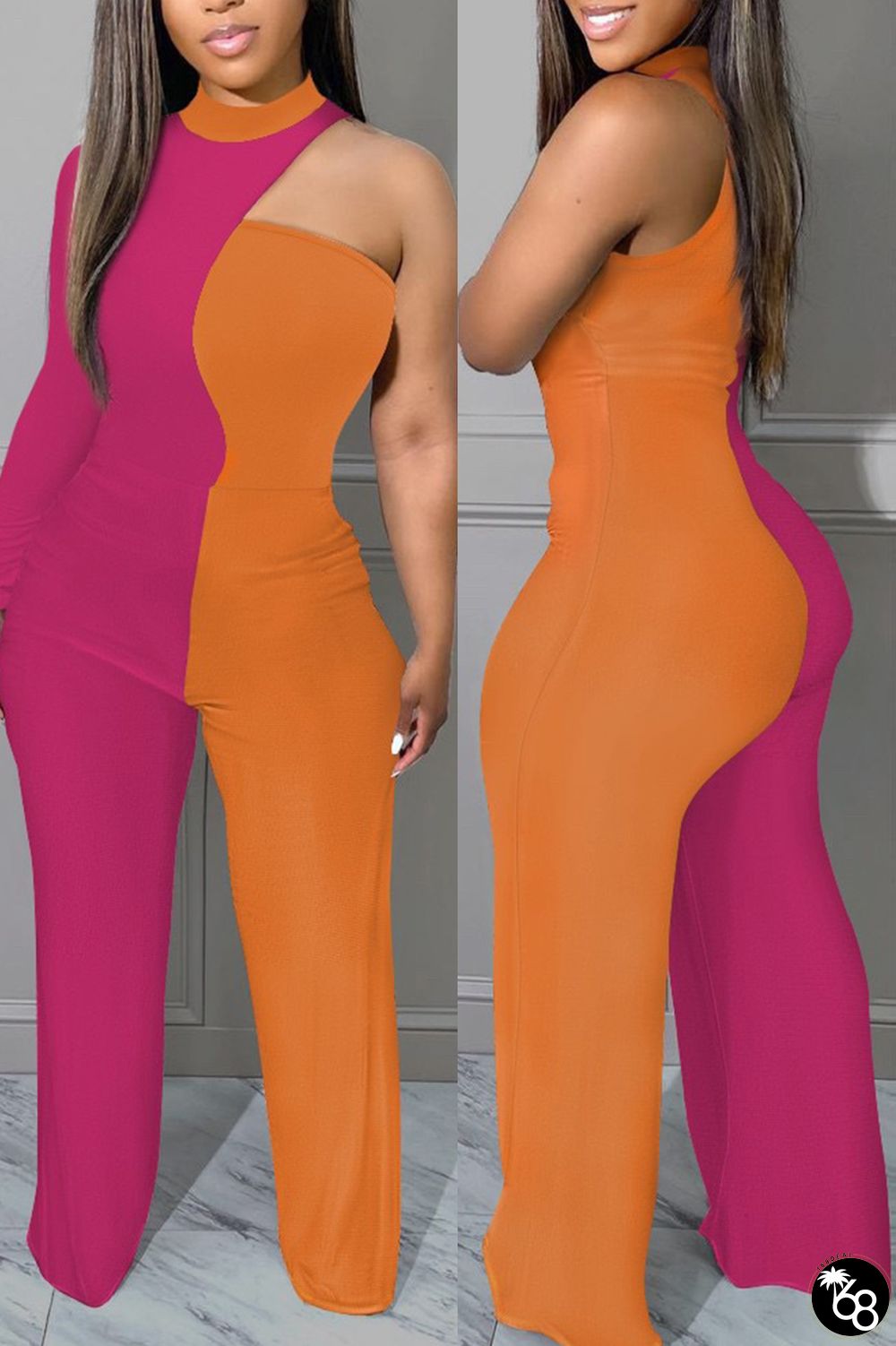 Rose Red Casual Print Hollowed Out Patchwork Half A Turtleneck Straight Jumpsuits | 168DEAL