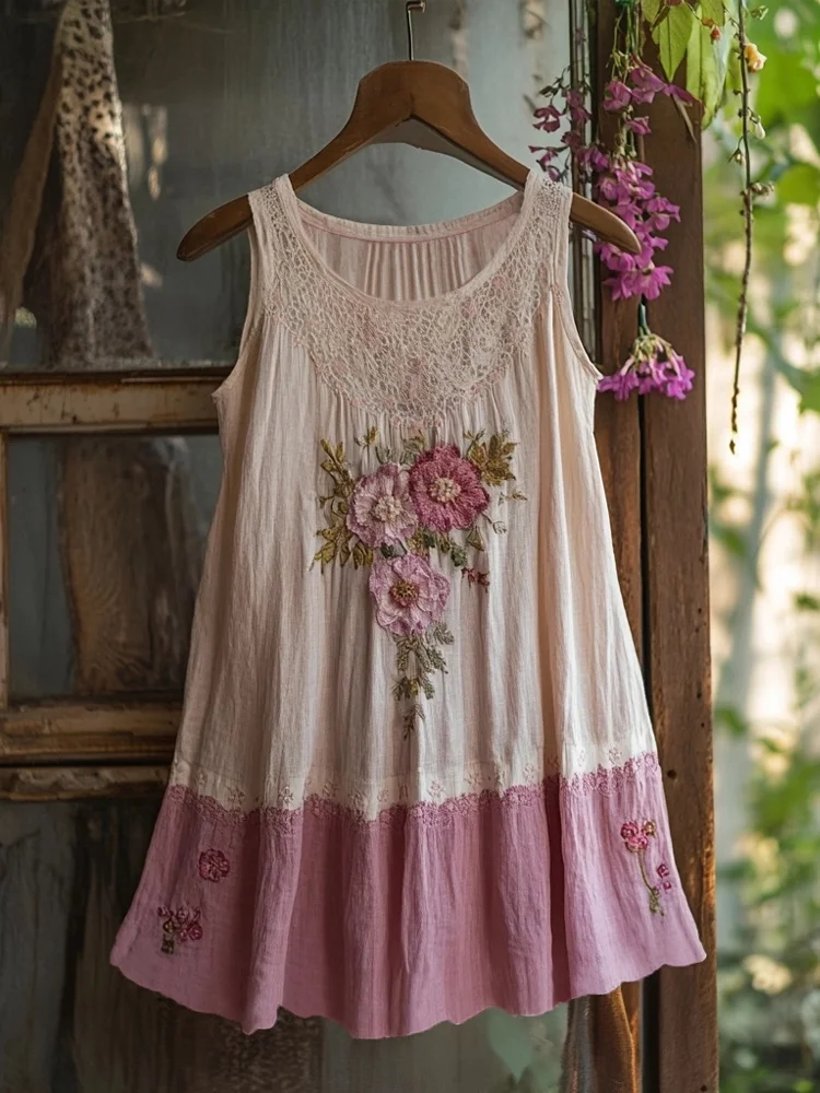Utbros Vintage Pink Floral Embroidered Linen Tank Top