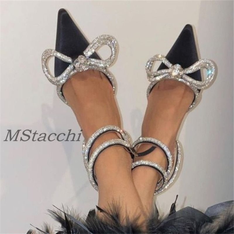 Glitter Rhinestones Women Pumps Crystal Bowknot Satin Sandals 2022 Summer Transparent Shoes High Heels Party Prom Designer Shoes