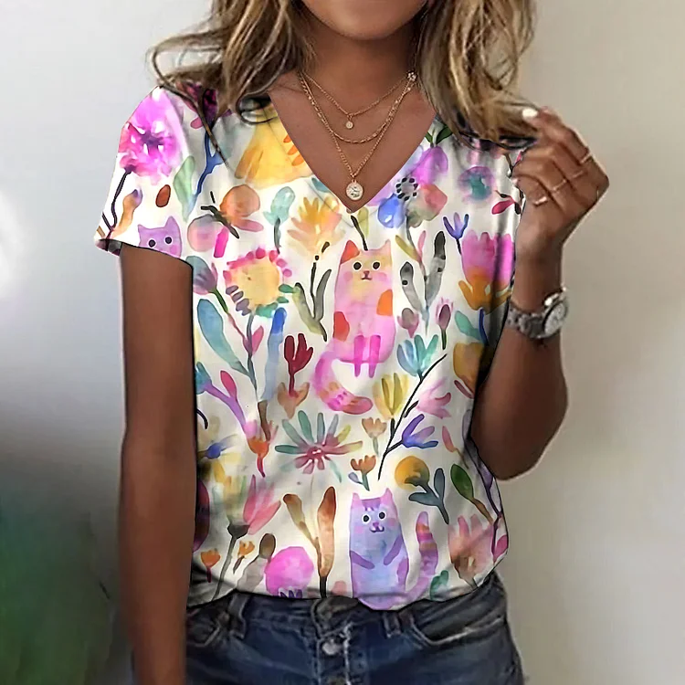 Simpfit Buntes Blumen- und Katzenkunst-T-Shirt für Damen