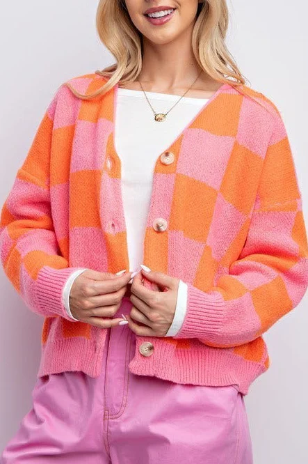 Retro checkerboard loose cardigan jacket