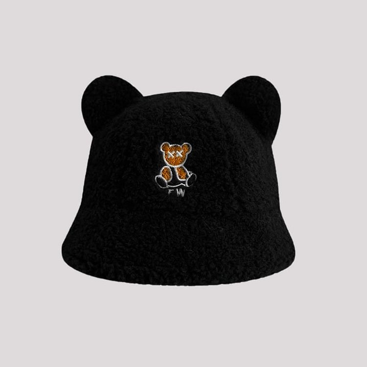 Bear Ears Embroidery Plush Fisherman Hat - Modakawa