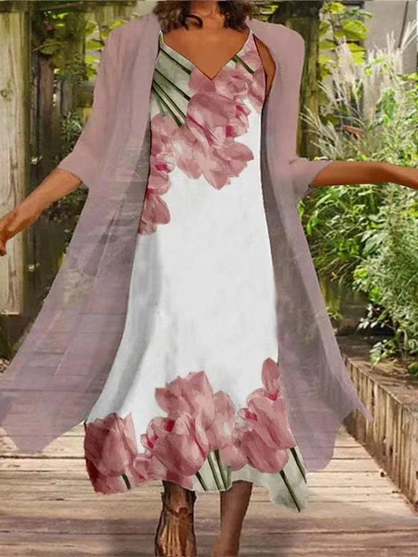 Women 3/4 Sleeve V-neck Floral Printed Maxi Dress