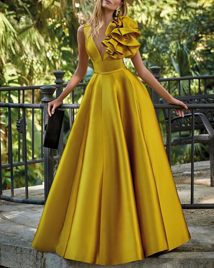 Gown satin yellow brocade maxi dress