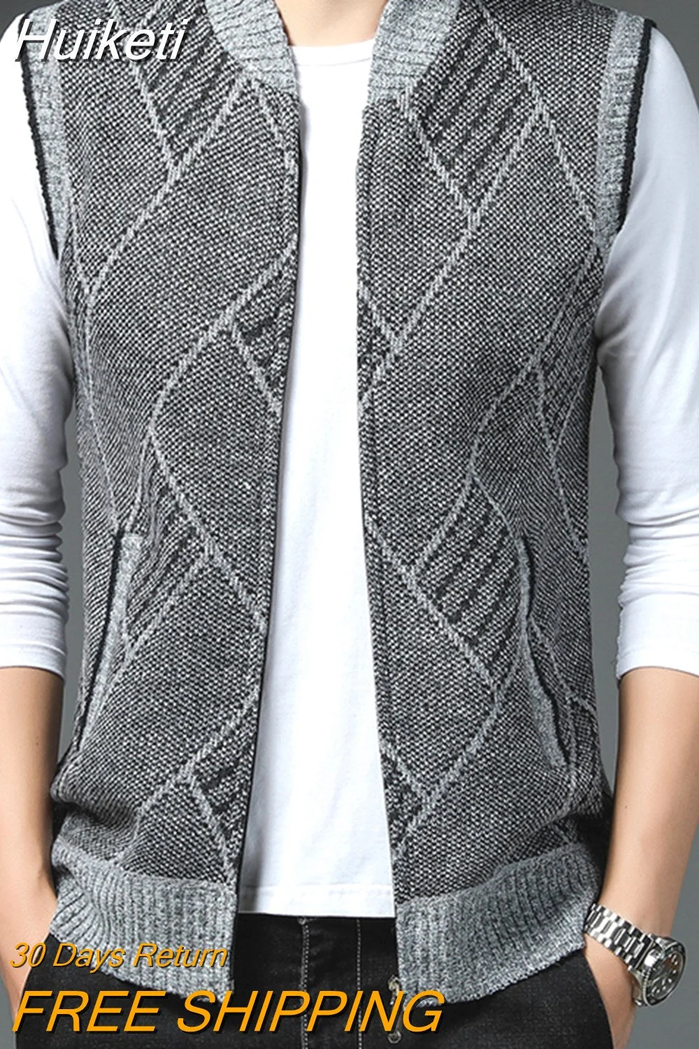 Huiketi Autumn Winter Sweater Vest Men Thick Sleeveless Cardigan Mens Knitted Waistcoat Fashion Stand Collar Knit Cardigan Vests Men