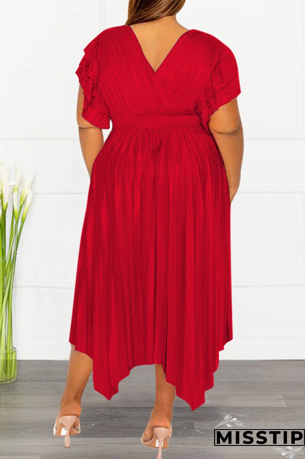 Pink Casual Solid Patchwork V Neck Pleated Plus Size Dresses