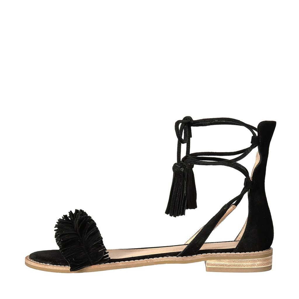 Black Vegan Suede Fringes Open Round Toe Flat Sandals for Women