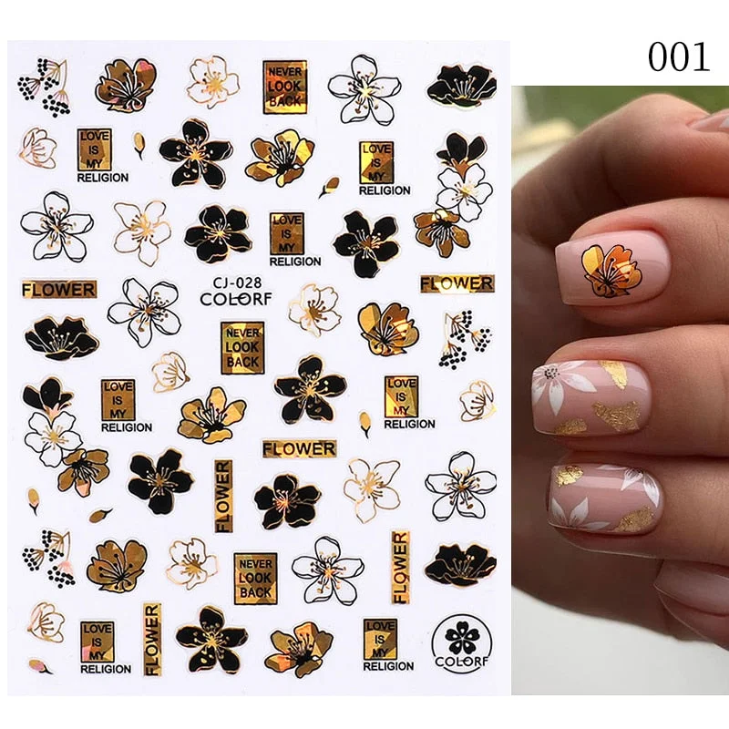 1 Pc White Gold 3D Nail Stickers Leaf Leaves Cute Spring Sliders for Nails Flowers Adhesive Sticker Nail Design Art Decorations