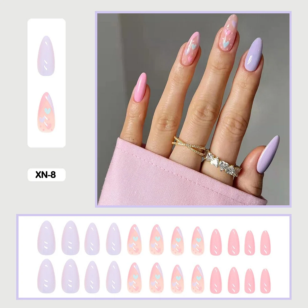 24pcs Fresh Lovely Pink Purple Blue Summer Flower Water Drop Shaped Fake Nails With Glue Wearable False Nails With Wearing Tools-Nail Inspo