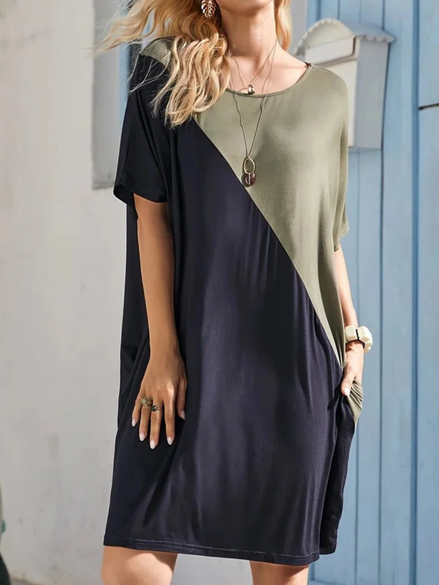Casual Loose Colorblock Short Sleeve Crew Neck Dress