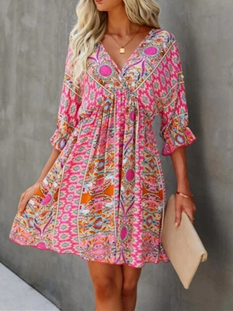 Women's Short Sleeve V-neck Floral Printed Lace-up Midi Dress