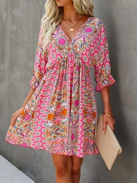 Women's Short Sleeve V-neck Floral Printed Lace-up Midi Dress