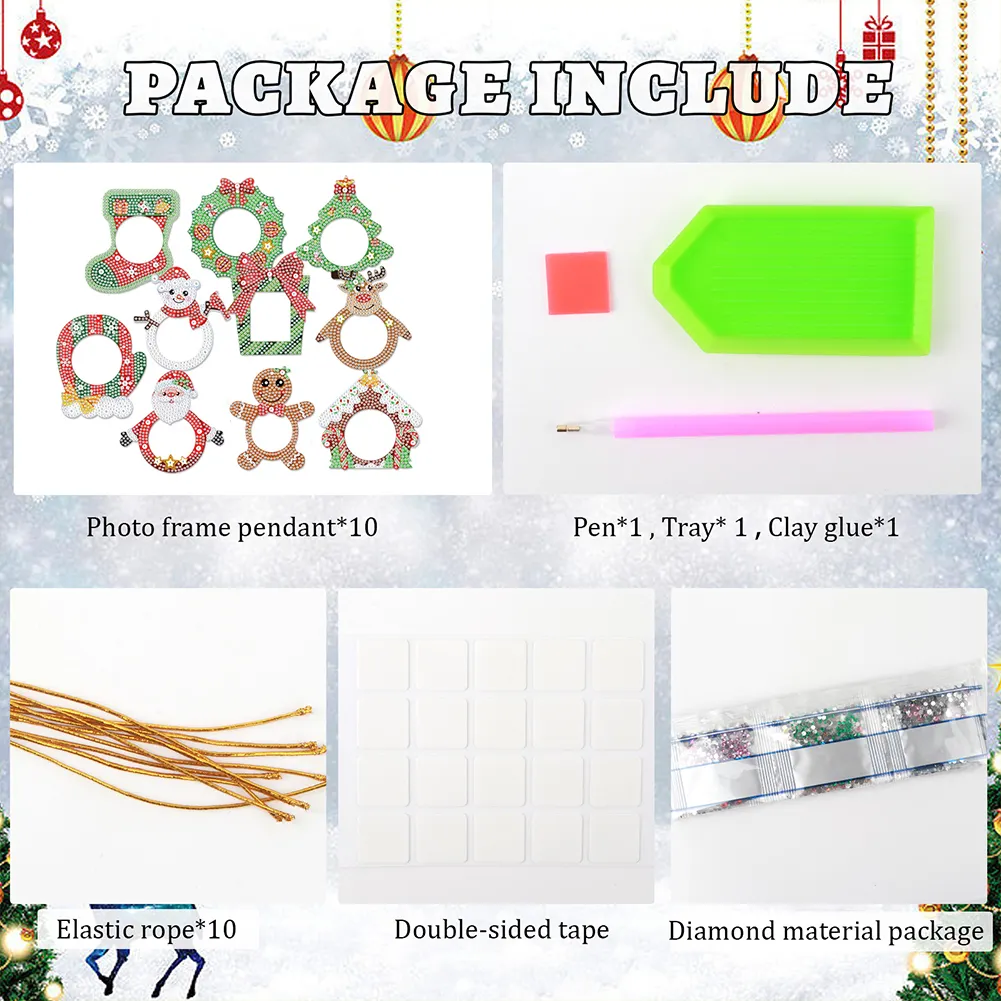 10Pcs Christmas Diamond Painting Photo Frame Hanging Pendant for Xmas Tree