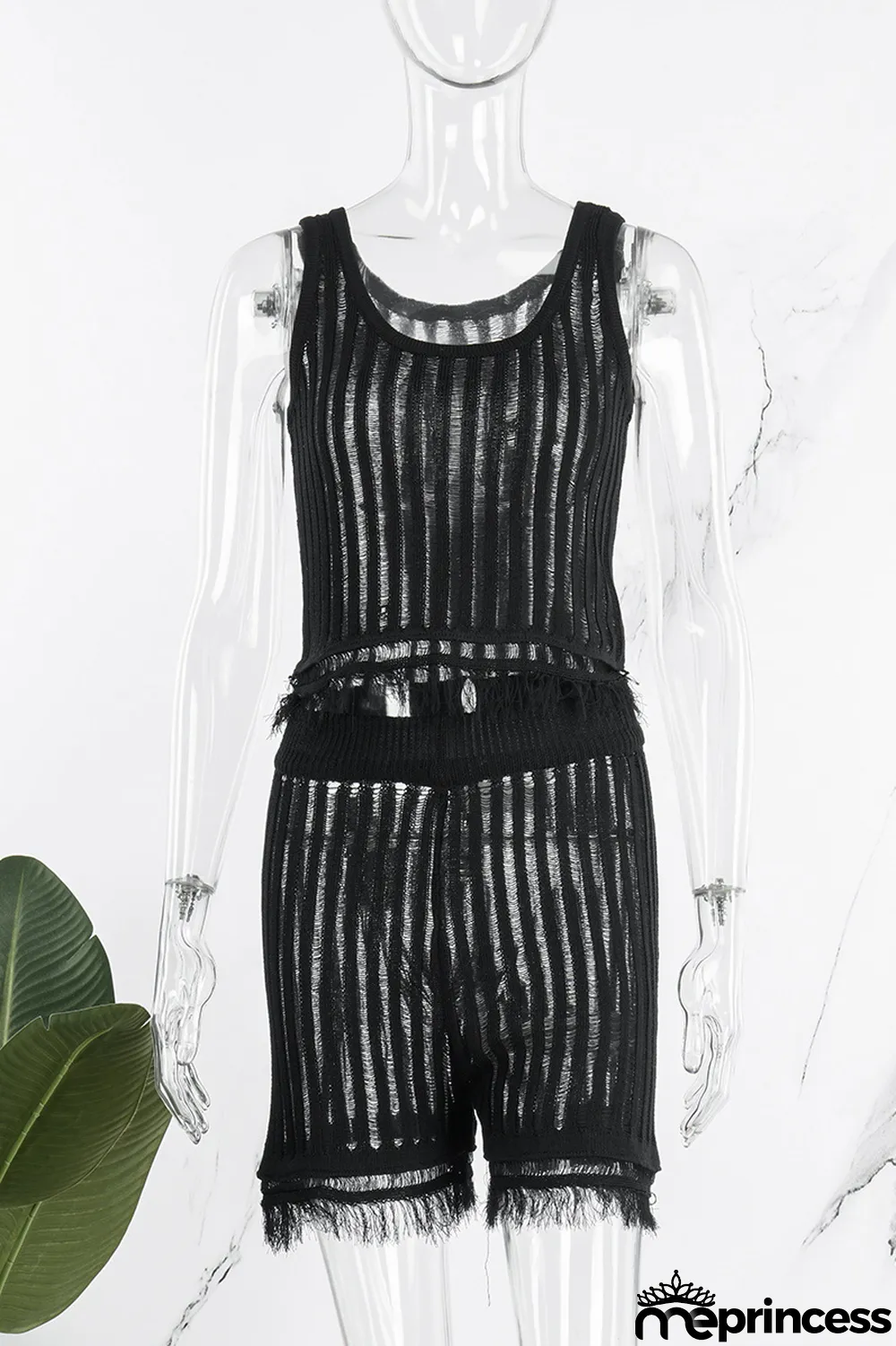 Black Casual Solid Backless O Neck Sleeveless Two Pieces