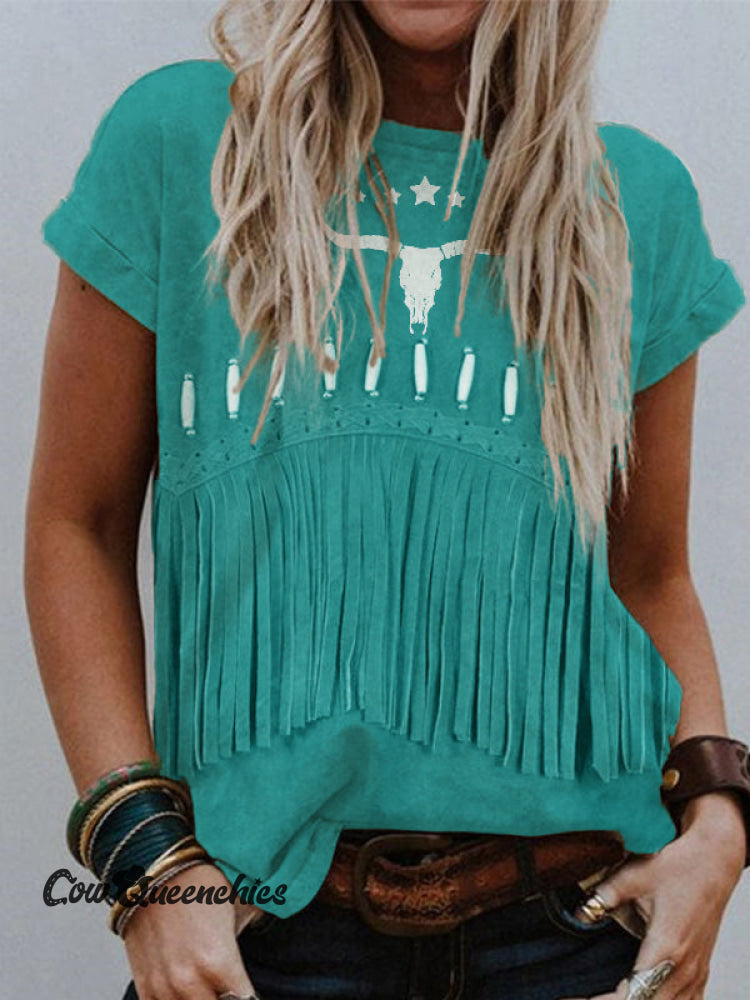 Vintage Western Fringe & Bull Skull Art T Shirt Green / S