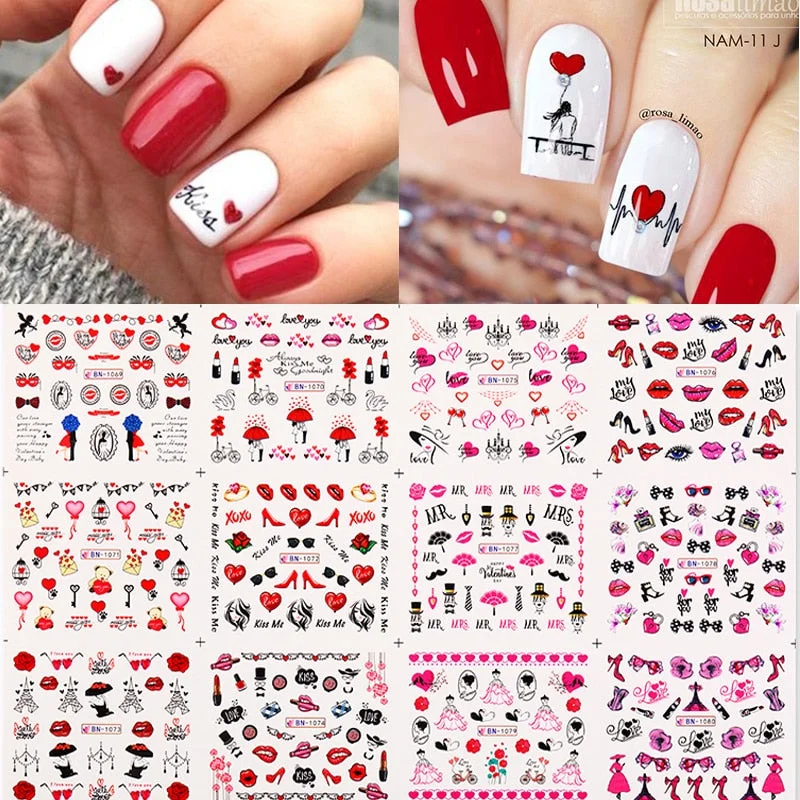 12 Designs Nail Stickers Set Mixed Floral Geometric Nail Art Water Transfer Decals Sliders Flower Leaves Manicures Decoration-Nail Inspo