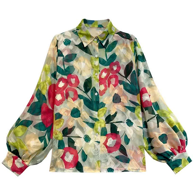 Floral Print Puff Sleeve Lapel Shirt Workwear - Modakawa modakawa