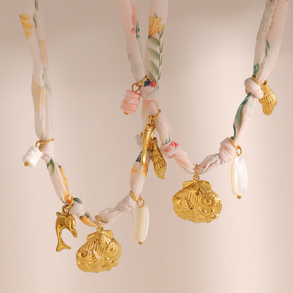 Summer Pendant Stainless Steel 18K Gold Plated Ribbon Pendant Necklace Fossil Shell Necklace Female