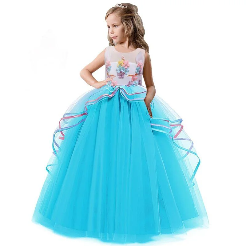 Kids Girls Clothes Lace Flower Fancy Bridesmaid Kids Dresses Children Princess Dress long Gowns Pageant Party Communion Cosutme