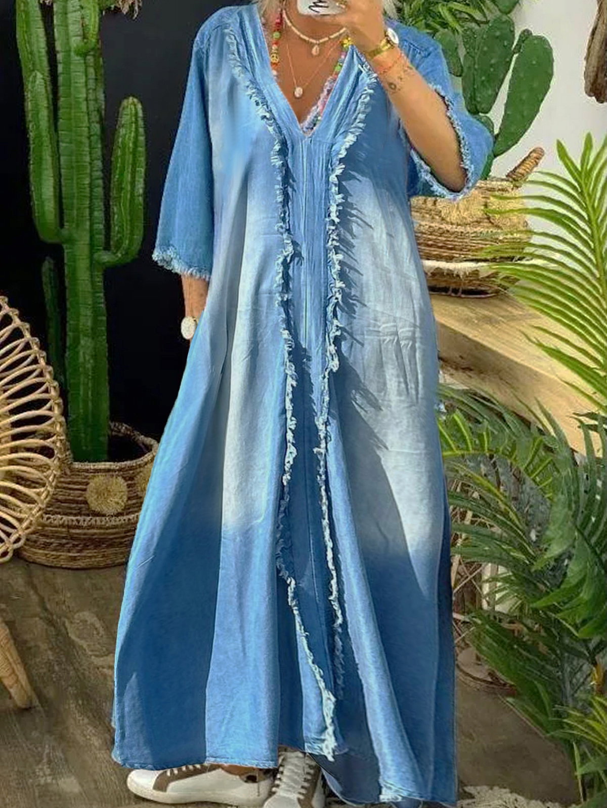 Ursime Denim Raw Trim V Neck 3/4 Sleeve Maxi Dress