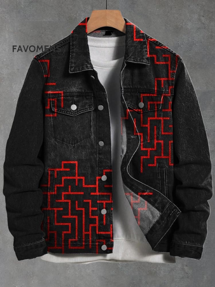 Retro Square Irregular Red Line Printed Casual Denim Jacket Multicolor / S