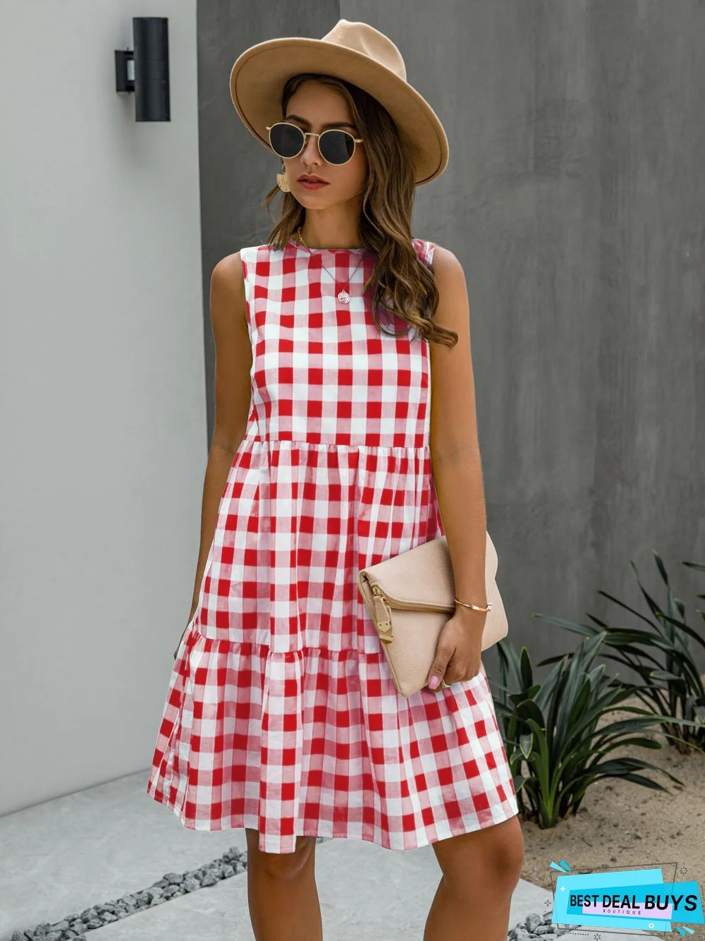 Fashion Round Neck Plaid Loose Female Plaid Dress Cake Skirt