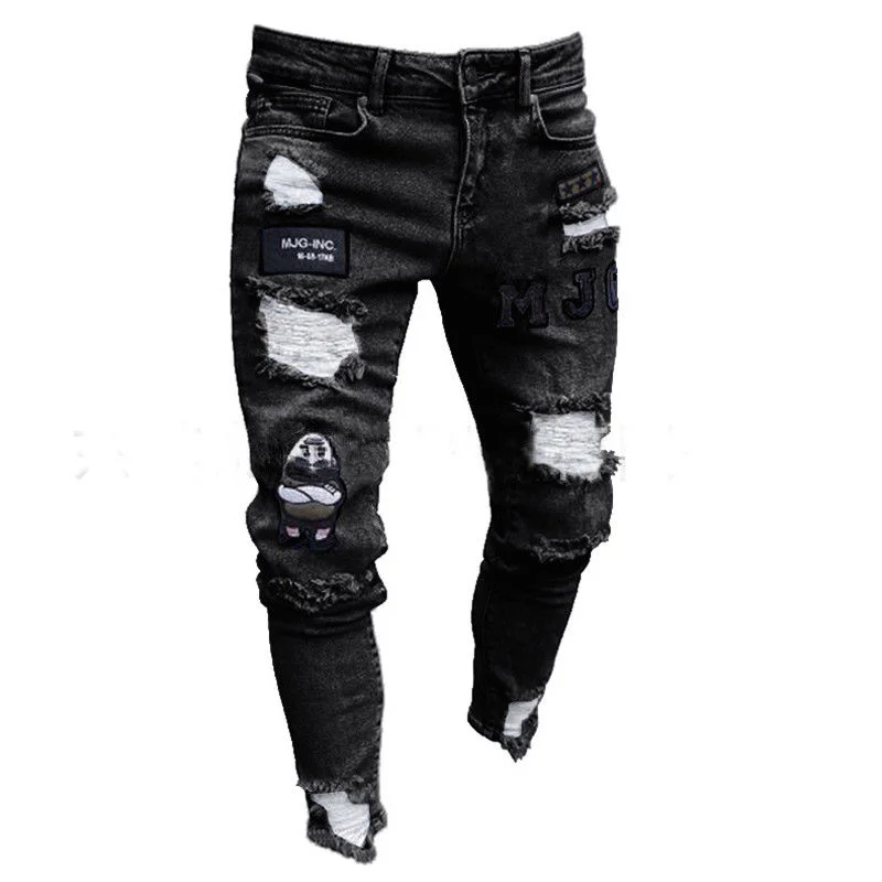 Woherb Bottoms 3 Styles Stretchy Ripped Skinny Biker Embroidery Print Jeans Destroyed Hole Slim Fit Scratched High Quality Jean