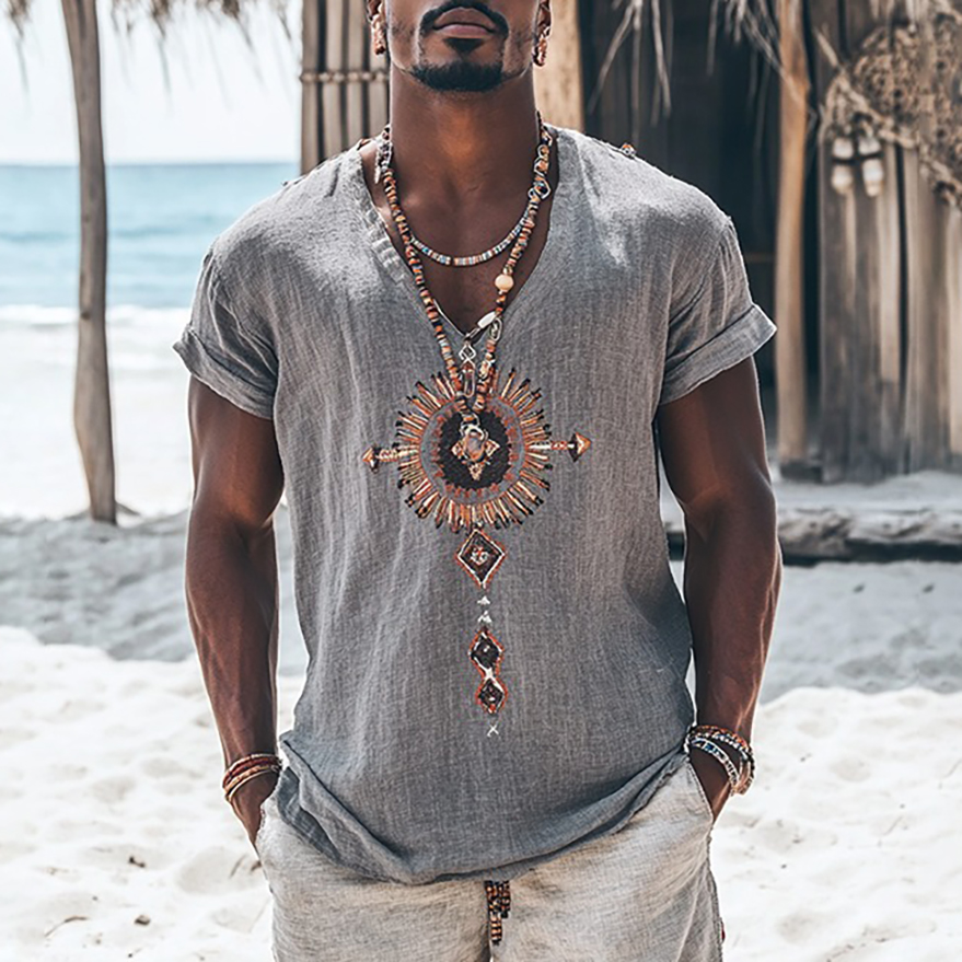 Bohemian Tribal Embroidery Print Art Painting Linen Casual V-neck T-shirt