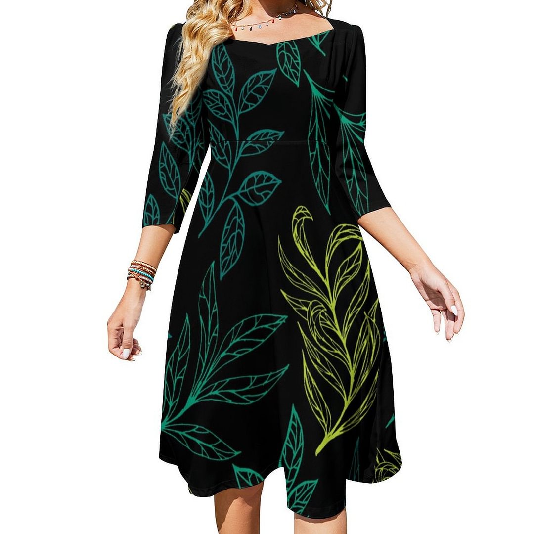 Elegant Botanical Green Yellow Leaves Pattern Dress Sweetheart Tie Back Flared 3/4 Sleeve Midi Dresses