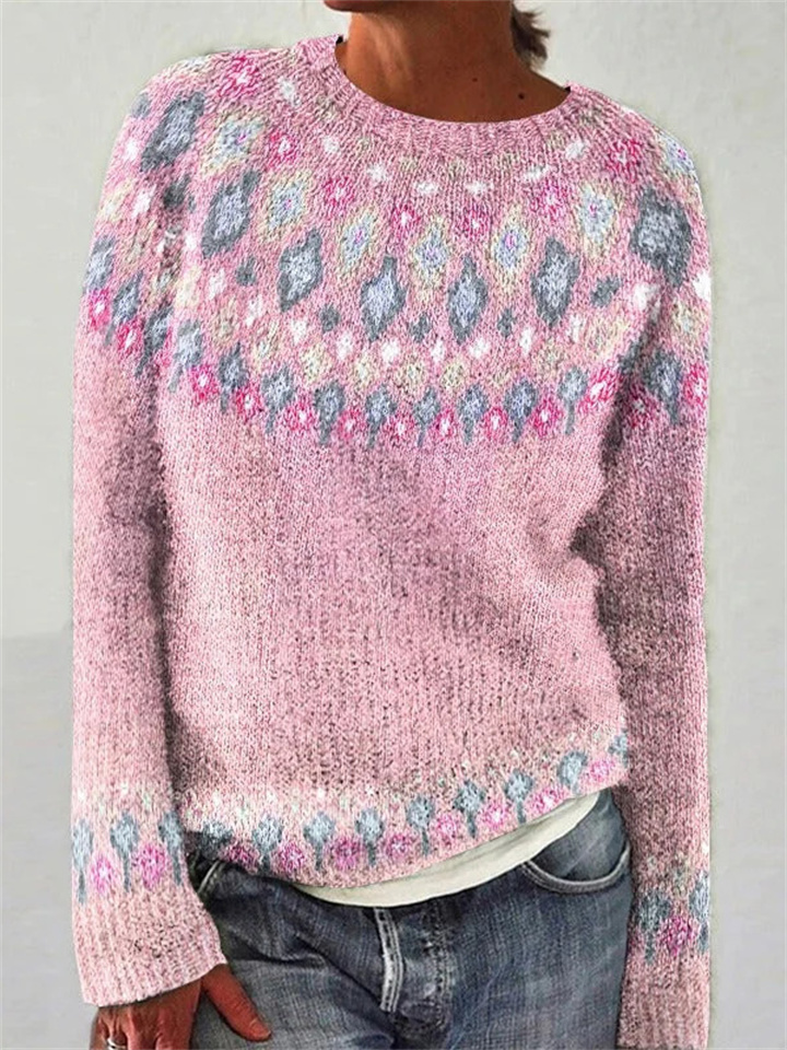 Women's New Round Neck Diamond Print Sweater Loose Fashion Knitwear