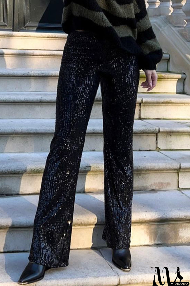 MidiSono - Casual British Style Solid Sequins Loose Low Waist Straight Solid Color Bottoms